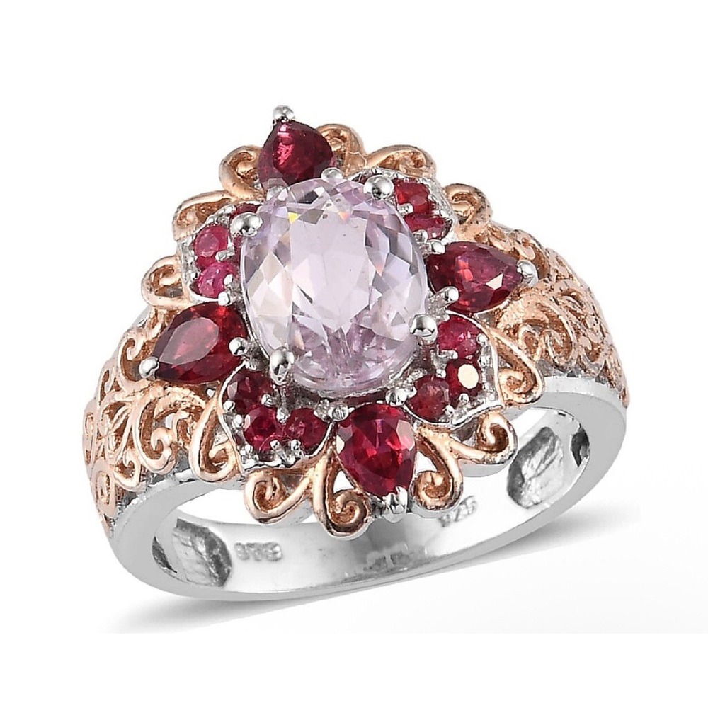 XIA Kunzite & Mozambique Garnet 14k Gold & Platinum Over Sterling Silver Sz 7.5
